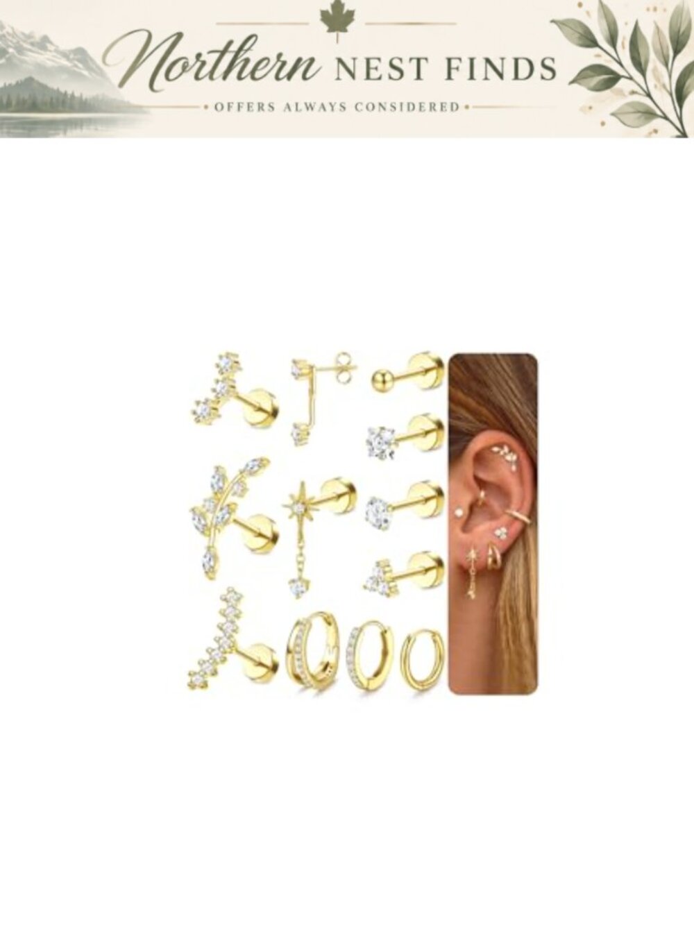 16G Cartilage Earrings Flat Back Hypoallergenic 14k Gold Plated Steel Set